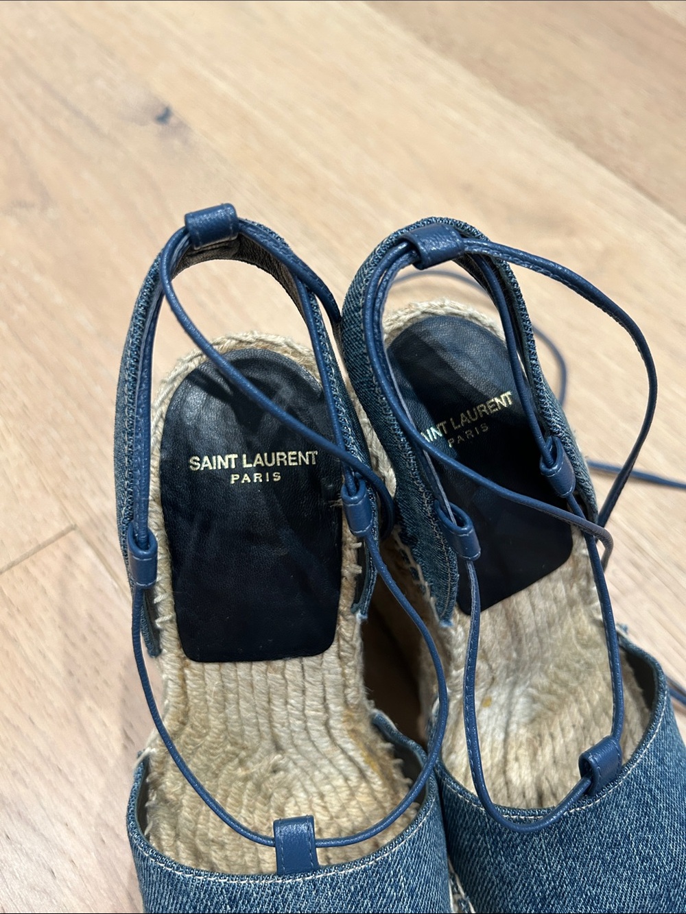 Saint Laurent Denim Espadrille Wedges in Blue with Jute Platform - Picture 2 of 12